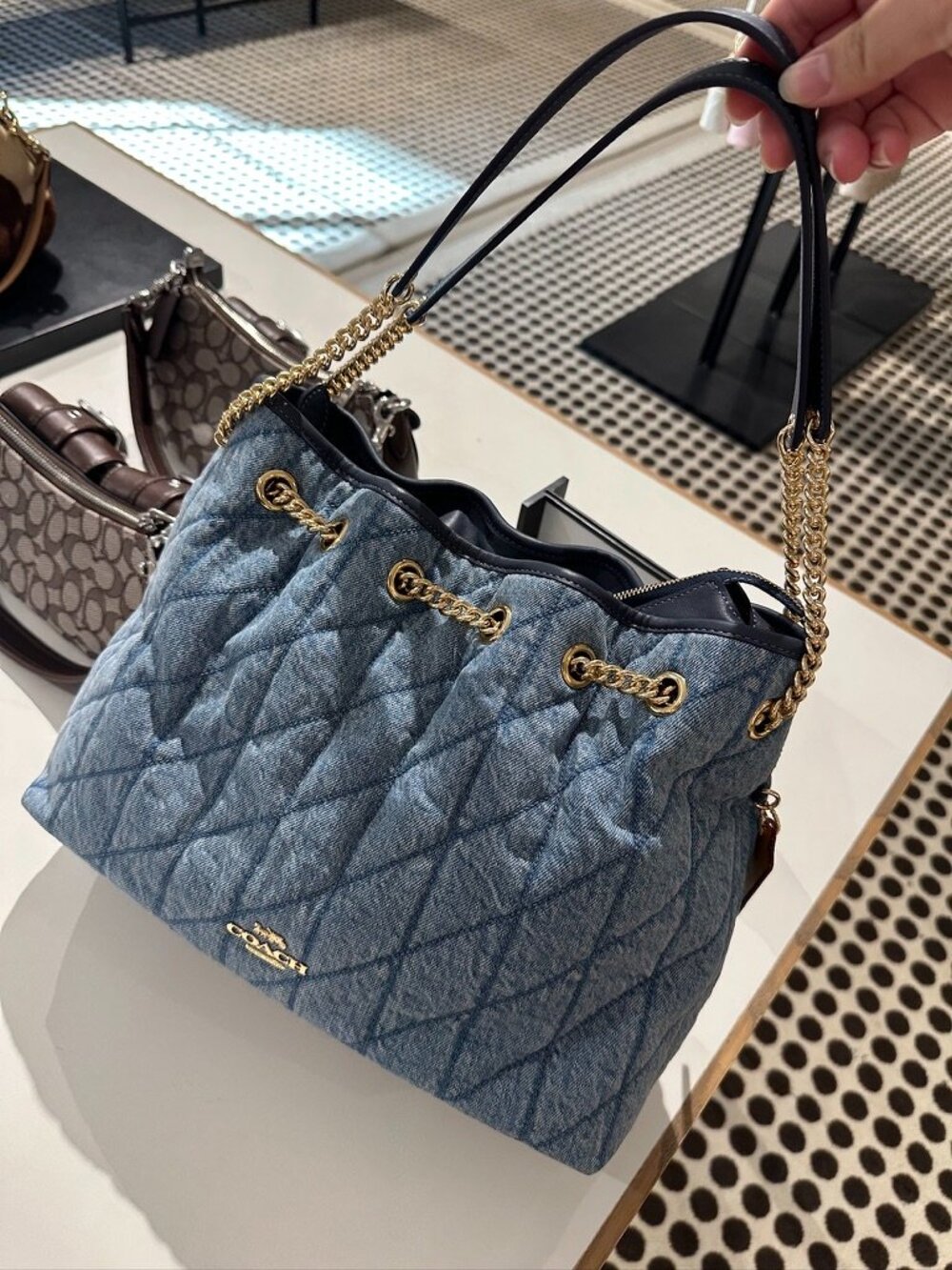 NWT! Coach CDC02 Evelyn Shoulder Bag In Regenerative Cotton With Quilting Indigo